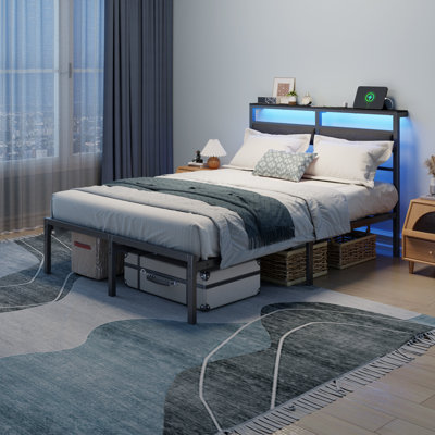 Bed Frame with LED Light and Charging Station, Metal Frame with Upholstered Headboard, Large Storage Space, No Box Spring Needed by Wrought Studio