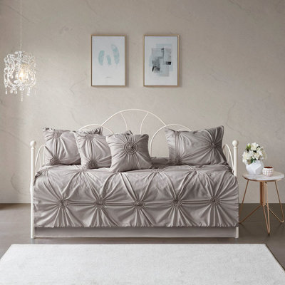 Twin Size Reversible Daybed In Dark Gray With Puckered Diamond -Shaped Pillow Cover Throw