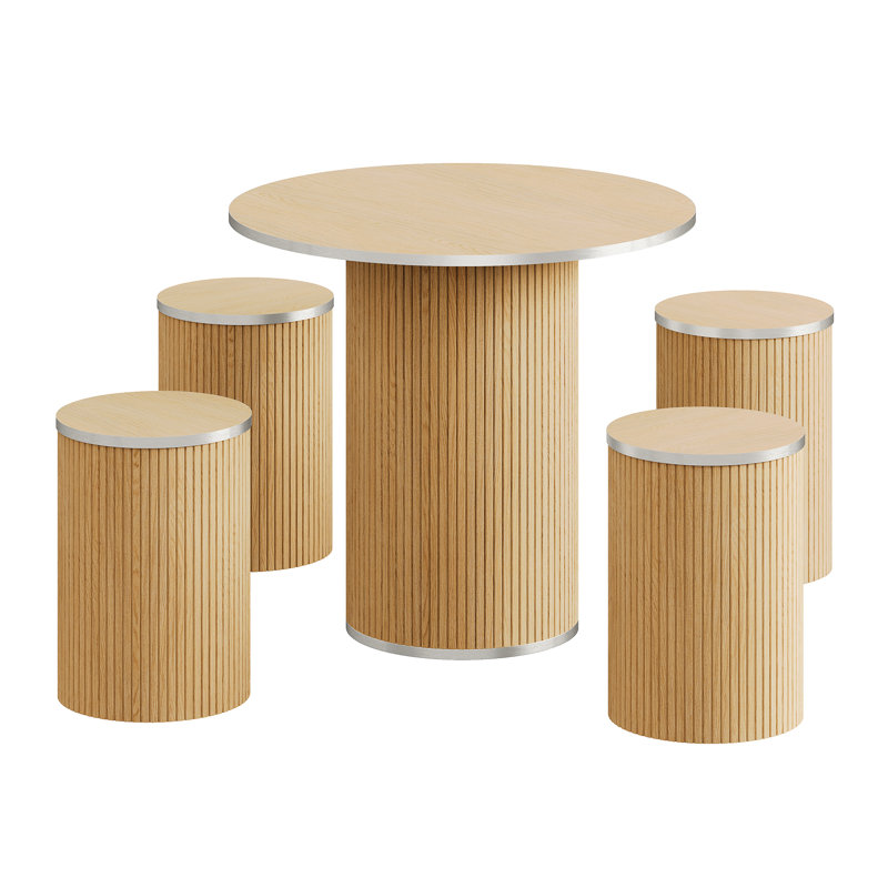 Round Pedestal Dining Table with 4 Stools, Natural