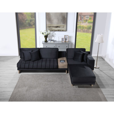 Modern Sofa Memphis 122.5"W  Velvet Reversible Sectional Sofa Ottoman With Storage Compartment, Drawer, USB Ports, Charging Outlets