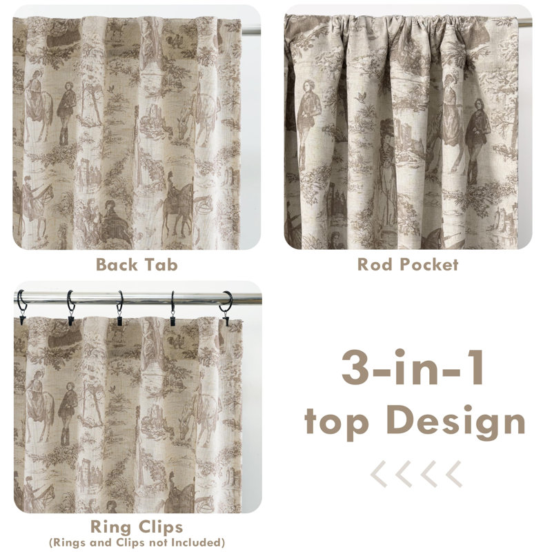 100% Blackout Toile Linen Curtains for Bedroom Double Layer Farmhouse French Country Vintage Printed Pattern Thermal Sound Lined Back Tab Living Room Drapes  2 Panels