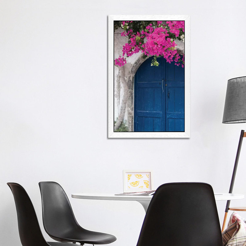 Greece, Santorini Weathered Blue Door Is Framed By Bright Pink Bougainvillea Blossoms. by Brenda Tharp - Floater Frame Painting on Canvas