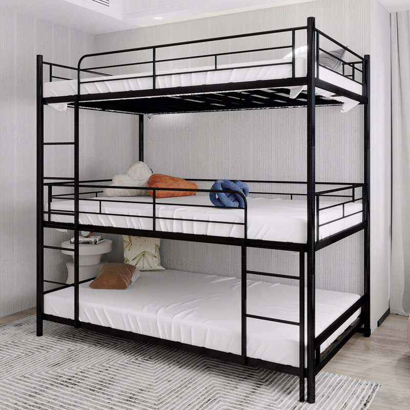 Lit triple robuste avec échelle intégrée et garde-corps sur toute la longueur, sécuritaire pour le plancher, Noir