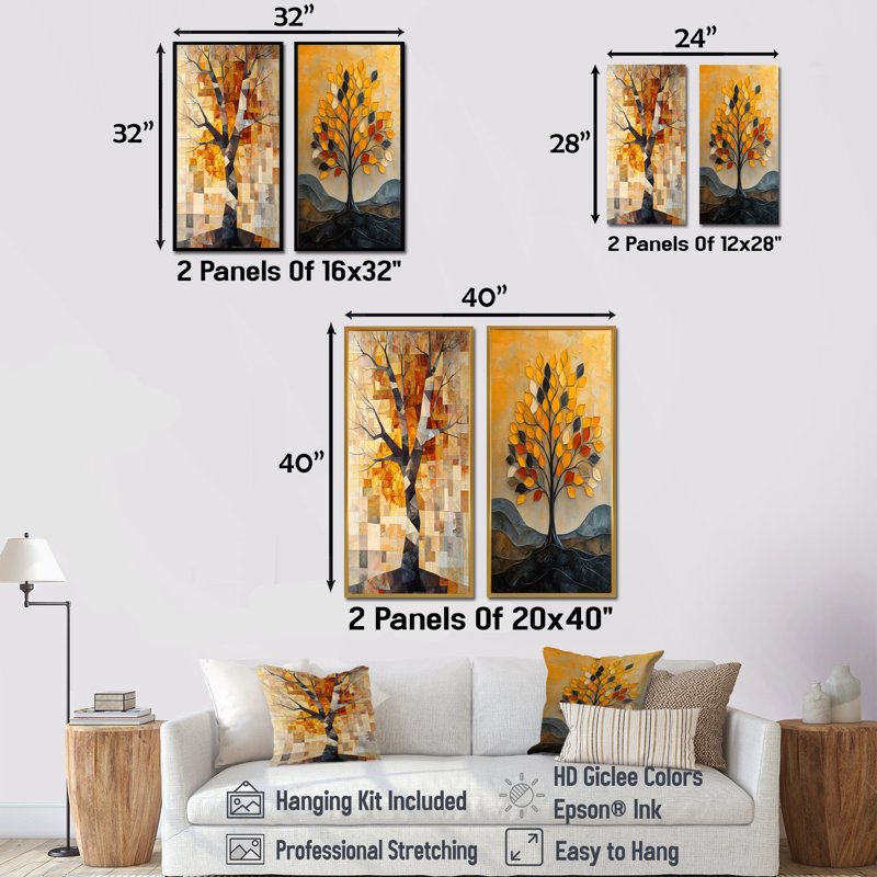 Ensemble de 2 pièces d'art mural jaune Bassist Tree I - Tree, H 32 po x l 32 po, Cadre flottant noir