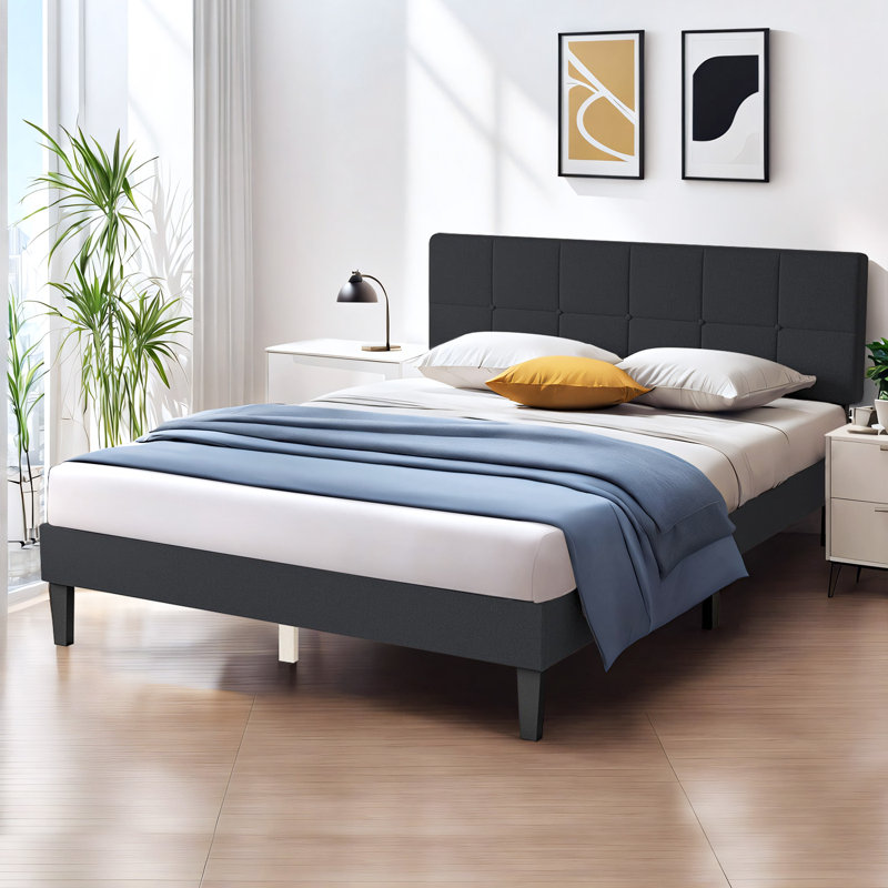 Structure de lit plateforme tapissier avec tête de lit réglable en tissu touffeté, aucun sommier tapissier requis, gris
