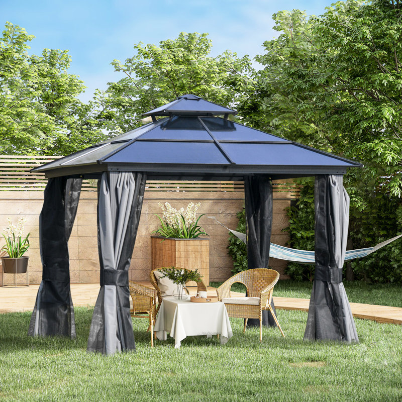 Pavillon de jardin avec cadre en aluminium, filet respirant pour toit en polycarbonate pour la cour arrière, cadre pour patio