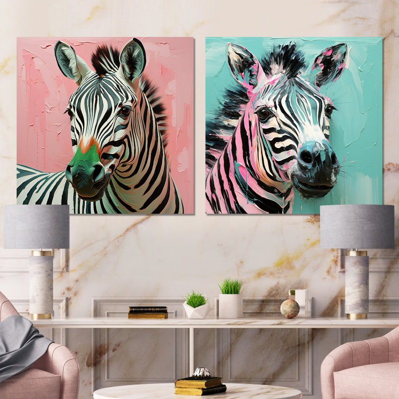 Rose et vert Boho Zebra I - ensemble de 2 carrés zébrés, H 23 po x l 46 po