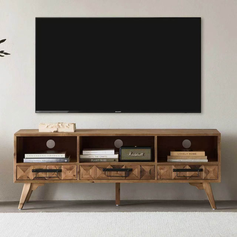 Meuble télé 55,1 po Mid-Century en bois massif avec 3 tiroirs de rangement et tablettes ouvertes, console média rustique pour téléviseur de 60 po ou moins, centre de divertissement de style maison de campagne avec trous pour câbles dans le salon