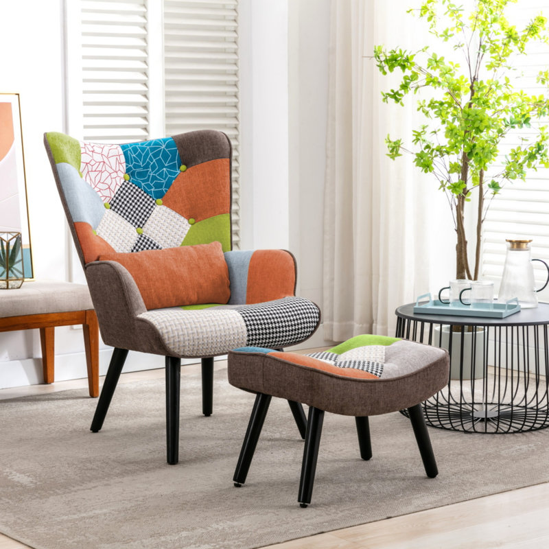 Kade Upholstered Linen Armchair With Footstool, Orange Multicolour