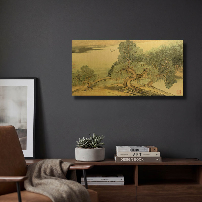 «A Stroll long the Riverbank» par River Han, art mural en métal doré, 24 po x 12 po, 24 po x 12 po