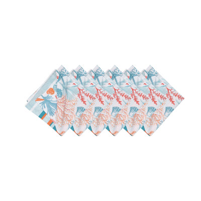 Tangerine Coast Napkin Set Of 6 Orange & Blue Coastal Tropical Reversible Stripe 20" X 20" Machine Washable Dinner Cloth