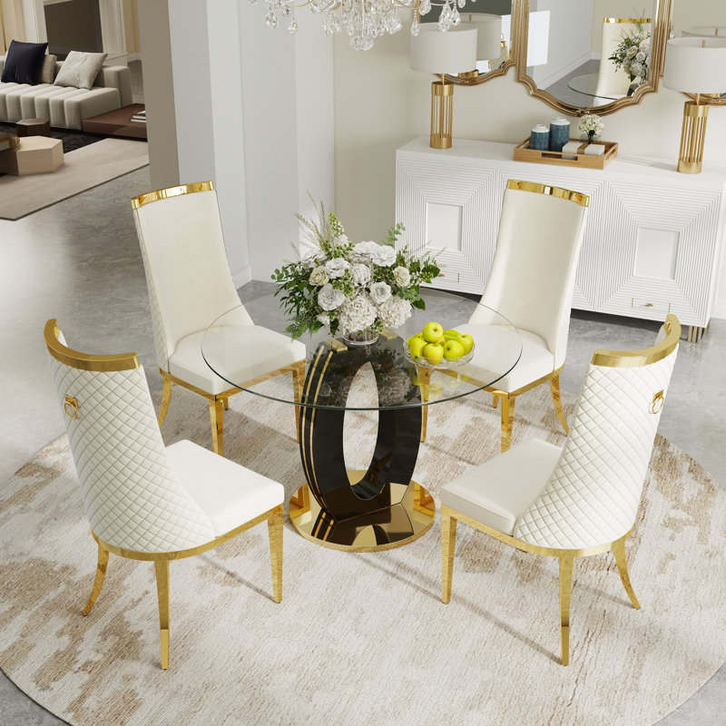 Table de salle à manger ronde en verre trempé, table de salle à manger de luxe avec dossier haut pour la salle à manger, Noir