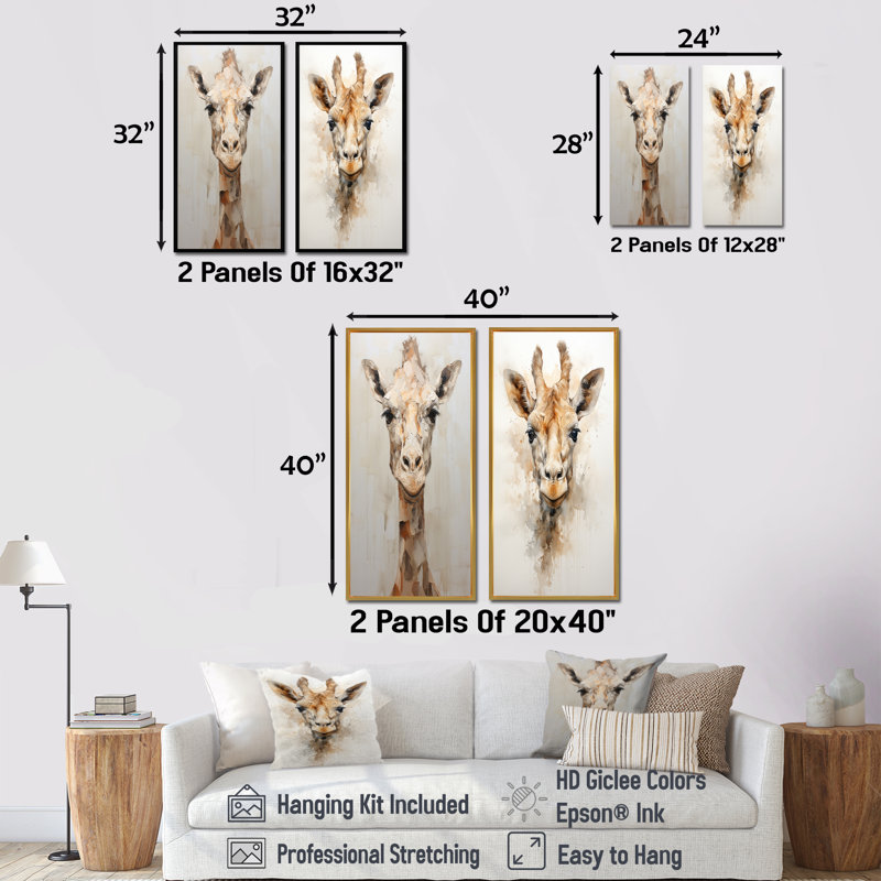 Ensemble de 2 décorations murales minimalisme girafe beige, H 32 po x l 33 po, Cadre noir