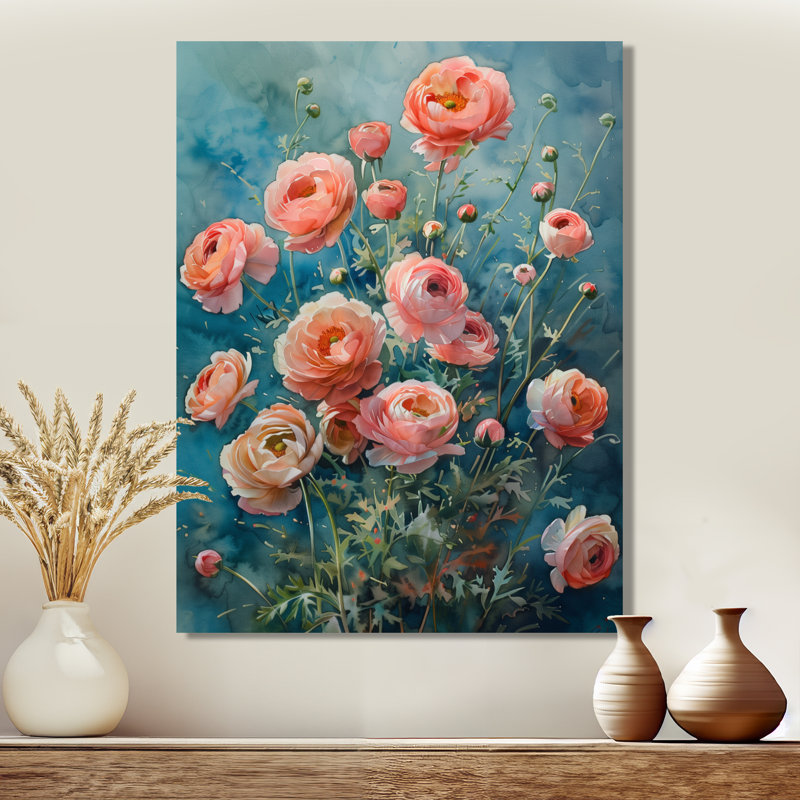 Rose et bleu printemps symphonie Renoncule II - Renoncule, reproduction d'art mural, Toile tendue, H 12 po x l 20 po