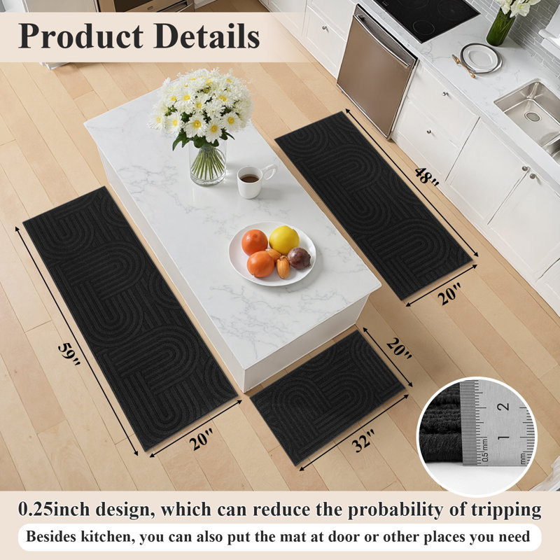 Wear-Resistant Kitchen Mat Runner Rug(Set of 3), Black