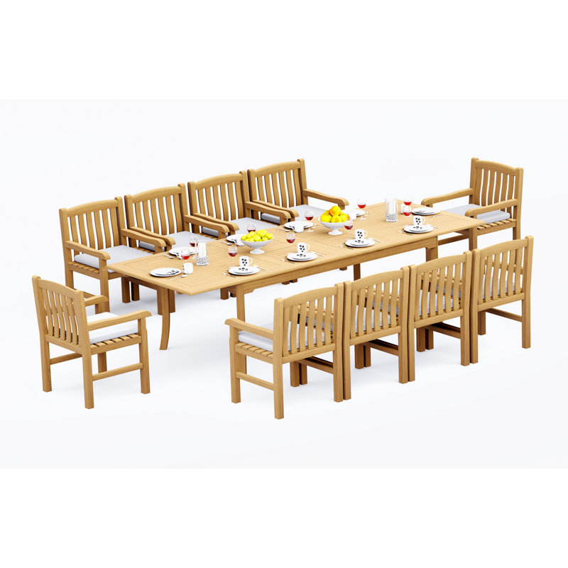 Ensemble de salle à manger en bois de teck Grade-A: table rectangulaire à double extension de 118 po et fauteuils Devon # 11DV2408