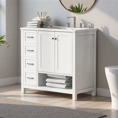 Meuble-lavabo de 36 po avec comptoir d'évier, meuble-lavabo avec deux portes et deux tiroirs, bois massif, tablette ouverte, panneaux de fibres à densité moyenne, deux ensembles