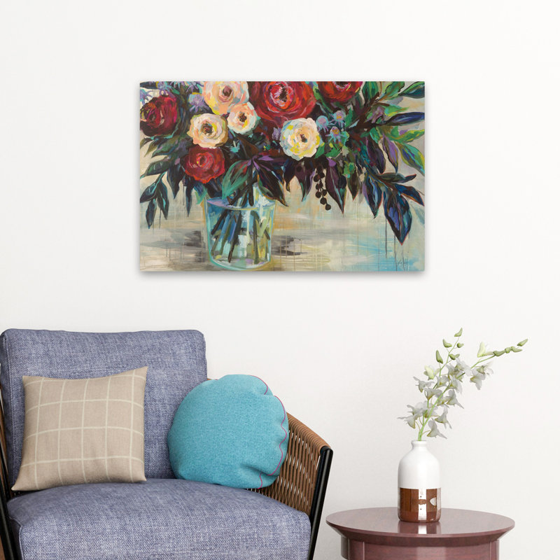 Art floral bleu et rosé, H 16 po x l 24 po