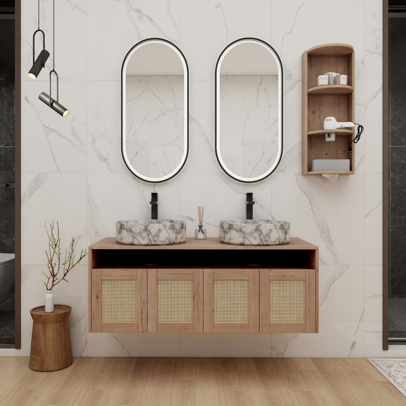 Meuble-lavabo 48 po avec 2 lavabos en céramique et support de rangement, 4 portes à fermeture douce, montage flottant, contreplaqué