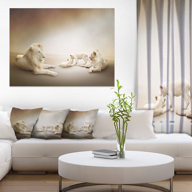 Animal «White Lion Family», impression, H 30 po x l 40 po x P 1,5 po, Bois