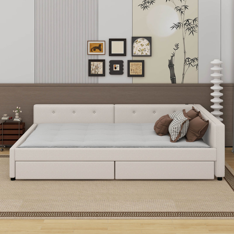 Lit plateforme tapissier avec port USB et 2 tiroirs, beige, Double