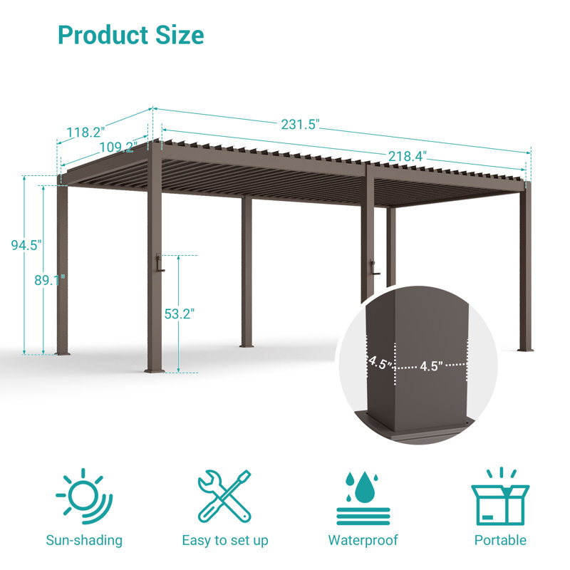 Durable Metal Pergola with Adjustable Louvered Roof for Outdoor Garden, 10 ft x 20 ft