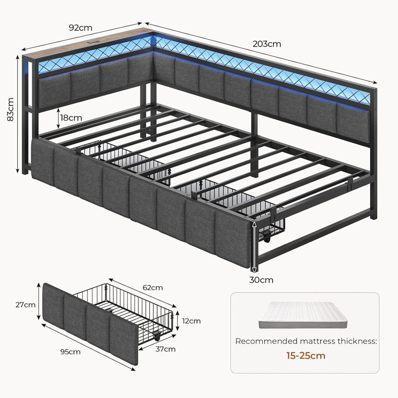 Bed Frame with Charging Station, Day Bed with 2 Storage Drawers & LED Lighting