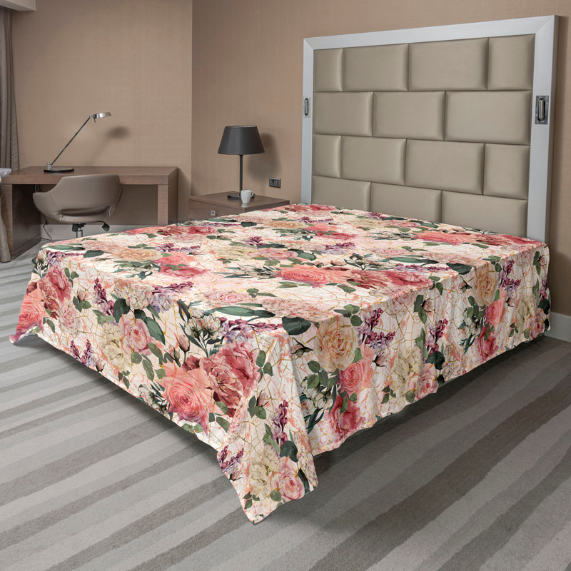 Drap plat Ambesonne, Floral vert / rose, Drap plat grand