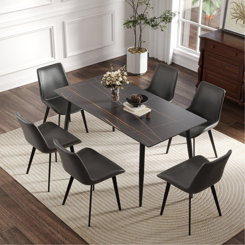 62.99" Modern Artificial Stone Black Straight Edge Black Metal Leg Dining Table-Can Accommodate 6 People(Dining Table Only)