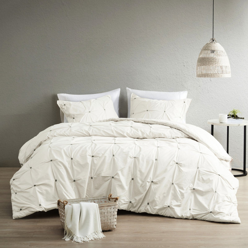 Housse de couette 3 pièces très grand / très grand en coton avec broderie élastique et fermeture à boutons, couleur blanche