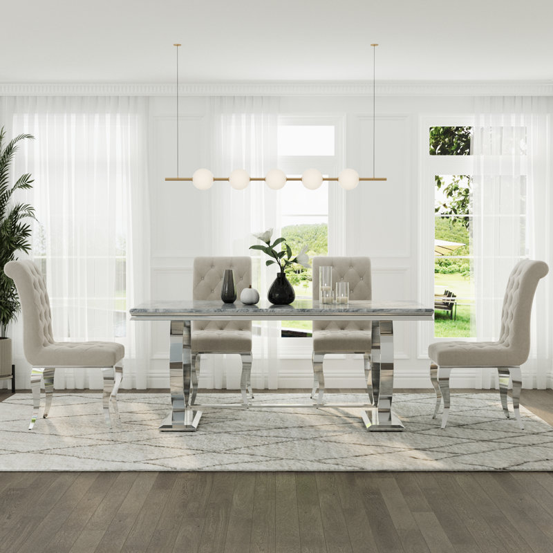 Ensemble de table de salle à manger de luxe blanc et argent avec chaises en velours blanc, 7
