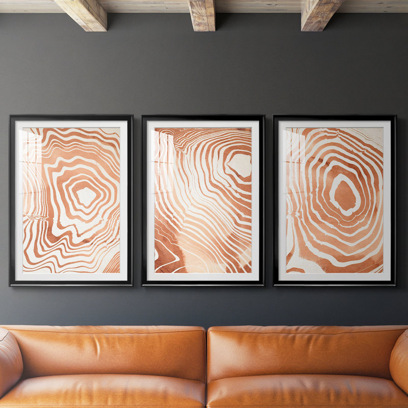 Suminagashi à grain de bois I - Impression sur mesure de qualité supérieure avec mat - 3 pièces, H 21 po x l 30 po, Noir