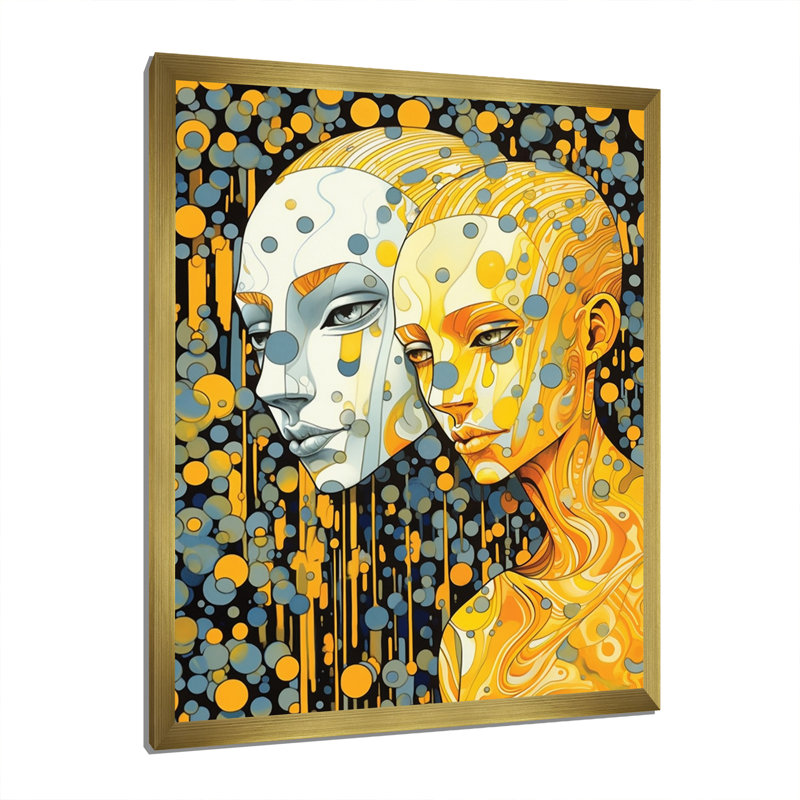 Hot Robots In Love Retro Illustration - Robot Wall Decor, 32" H x 24" W x 1" D, Gold Single Picture Framed