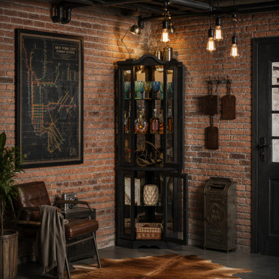 Lighted Corner Curio Cabinet with Tempered Glass Doors & Shelves - Elegant Oak Display Storage for Living Room & Bedroom Decor-BLACK