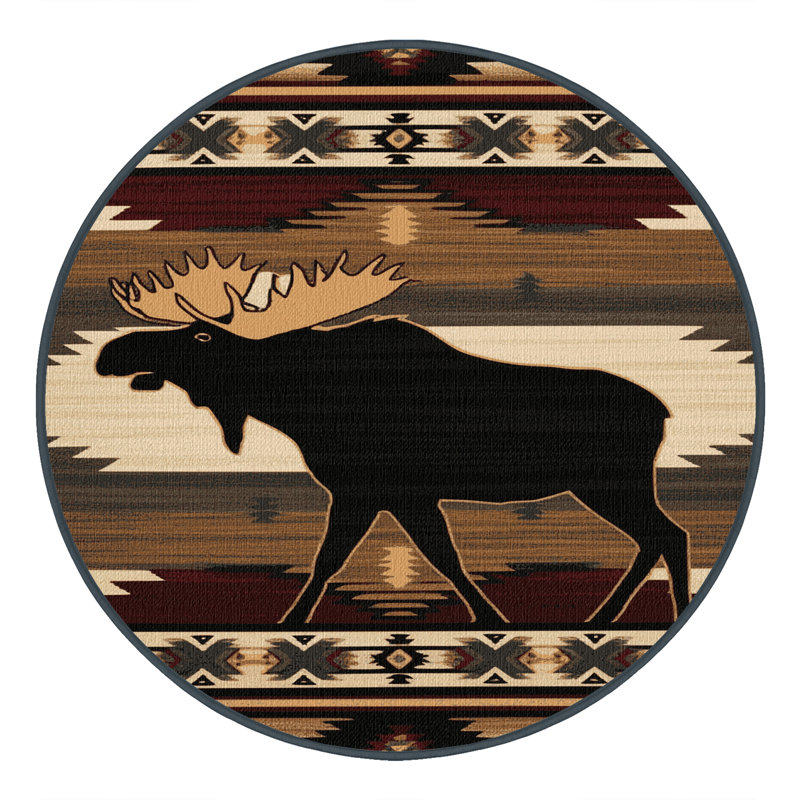 Washable Moose Southwestern Area Rug, Round 5'