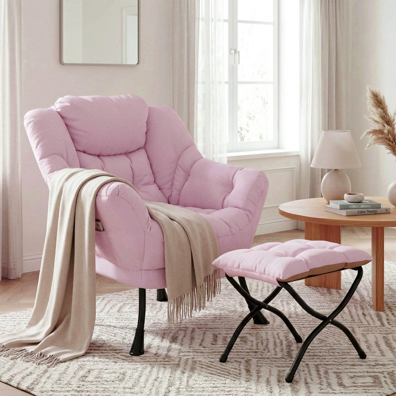 Fauteuil Lazy avec repose-pieds pliable, méridienne moderne et confortable, grand fauteuil avec repose-pieds et une poche latérale, fauteuil de lecture avec repose-pieds pour chambre à coucher, salon, dortoir (rose)