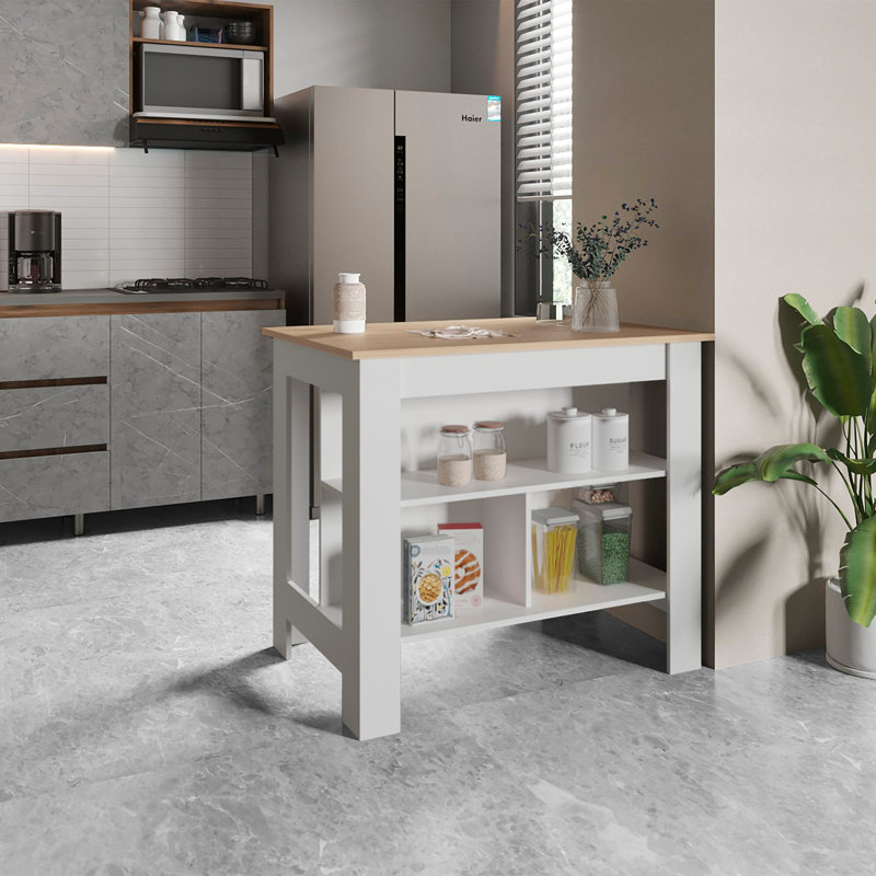 Grand îlot de cuisine à 2 niveaux Courson, Brun naturel, Blanc, 35.4" H x 40.5" W x 27.5" D