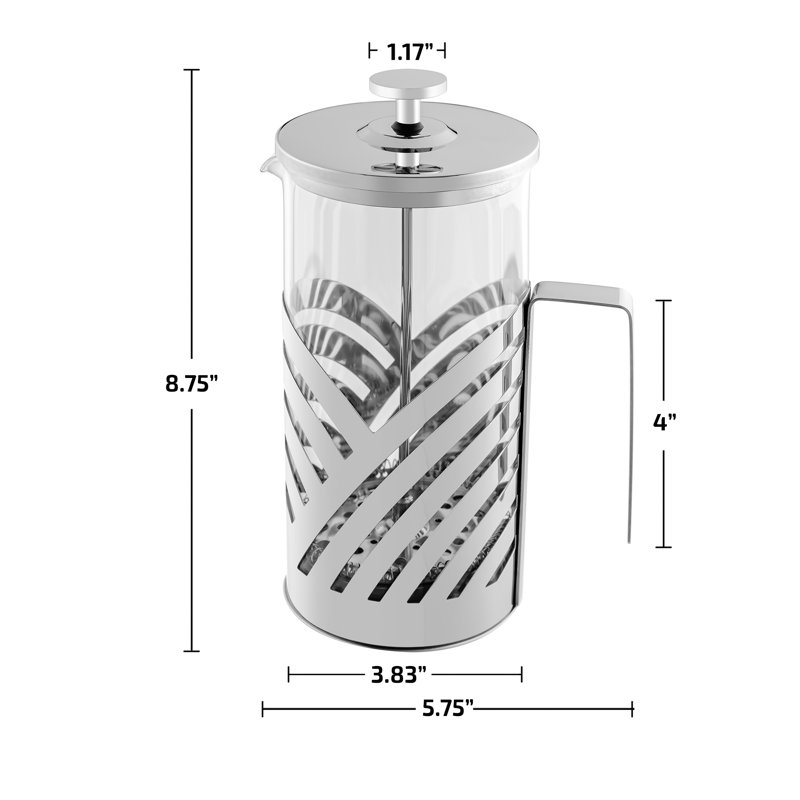 OVENTE French Press Coffee Maker 34 Ounce with Heat Resistant Borosilicate Glass, Stainless Steel Design and 4-Level Filter System, Portable Cold Brewer Pot for Travel, Camping or Gift, Silver FSD34P