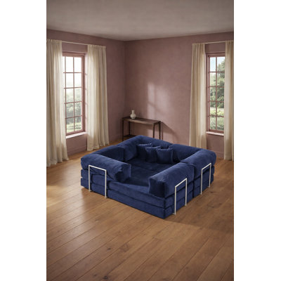 Blue Velvet L-Shaped Modular Sectional Floor Sofa with Low Seating