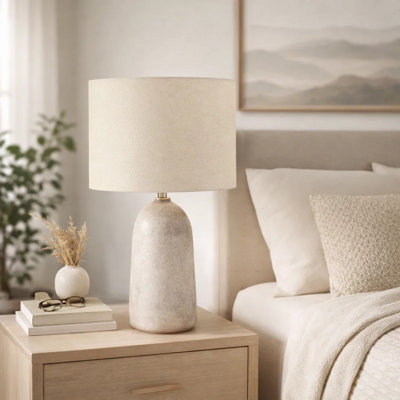 Dios Table Lamp, Textured Beige Ceramic Body, Fabric Shade, 27 Inch