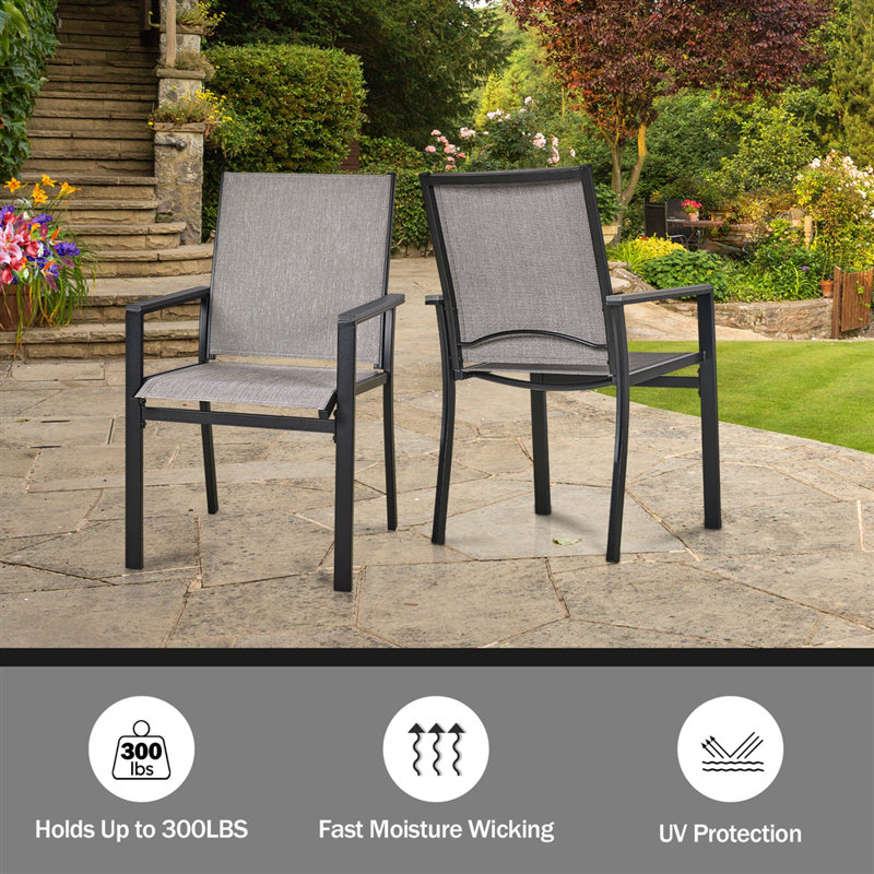 Ensemble de 4 chaises de patio pour l'extérieur, ensemble de chaises de patio confortables à dossier haut en tissu textilène résistant aux intempéries, chaise robuste en métal noir durable de 350 lb pour la pelouse, le jardin, la cour et l'extérieur