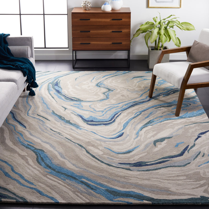 Tapis bleu / beige en laine / coton touffeté à la main Soho, Rectangle 4pi x 6 pi