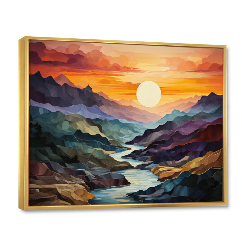 «Orange Teal Mountains Bold Landscape», reproduction d'art sur toile, Cadre flottant doré, H 30 po x l 40 po x P 1,5 po