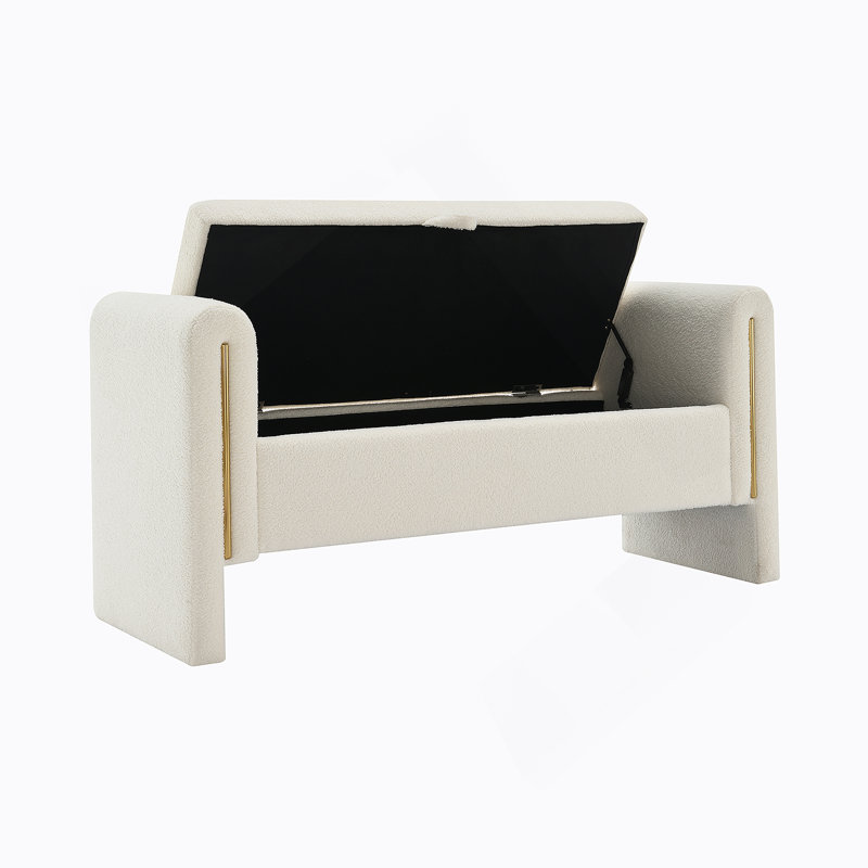 Banc de bout moderne avec accoudoirs et rangement, grand tabouret de repose-pieds rembourré, banc de meuble-lavabo de fenêtre confortable pour salon, chambre à coucher, dortoir, table basse, crème Teddy