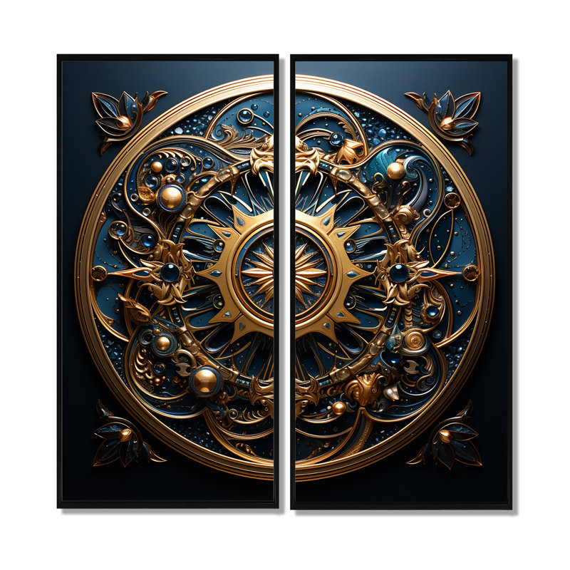 Or et sarcelle 3D, fleurs, sceau antique - art mural moderne sur toile dorée, H 32 po x l 32 po, Noir