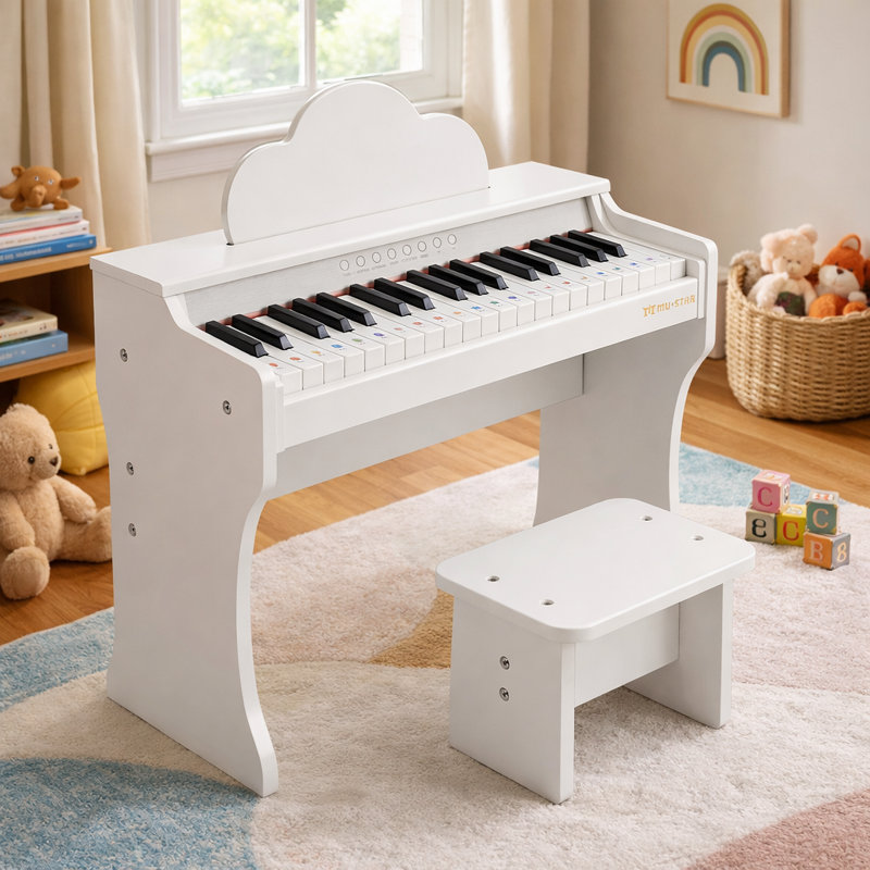 37 Keys Cloud Shape Wood Piano With Piano Bench And Diy Sticker For Kids, White