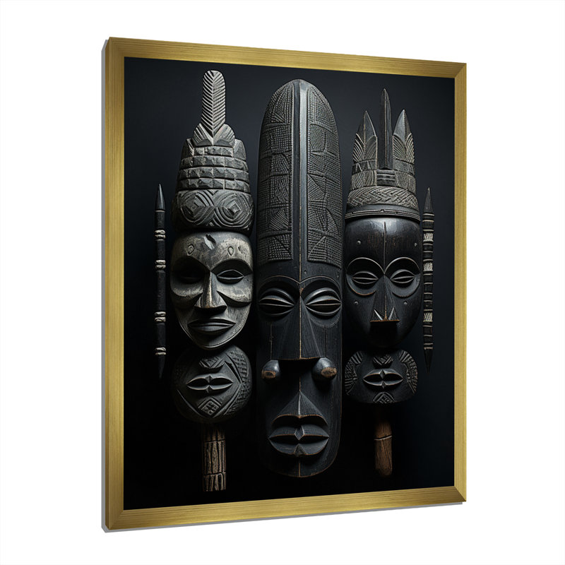 Masque africain sur toile Laesha, Cadre photo doré simple, H 32 po x l 24 po x P 1 po