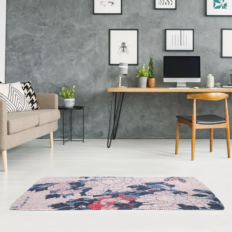 Tapis mauve/rose en chenille pivoines et papillon, Rectangle 2 pi x 3 pi