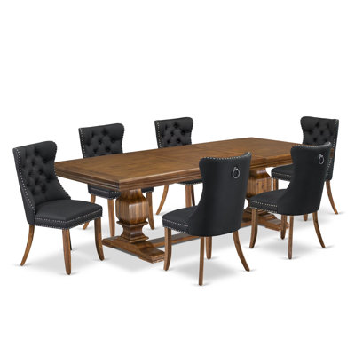 Ensemble de table de salle à manger 7 pièces Mid-Century composé d'une table de salle à manger et de 6 chaises de salle à manger en similicuir gris foncé avec dossier capitonné - Finition noyer antique