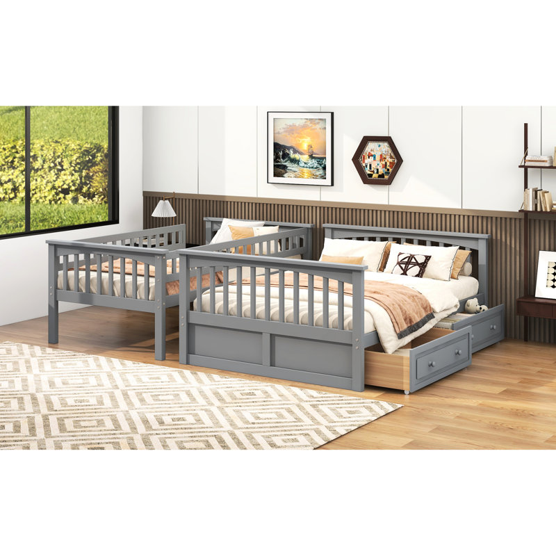 Lit simple convertible gris sur lit double avec tiroirs, lit superposé, bois de pin et cadre pour la longévité, garde-corps sécuritaire, sécurité de mission